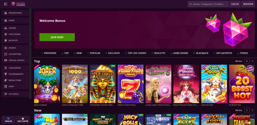 Malina Casino Main Page