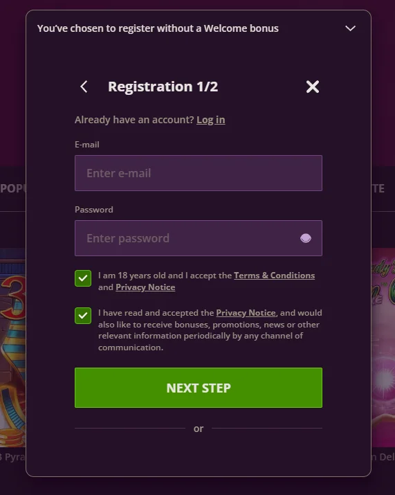 Malina Casino Register Window