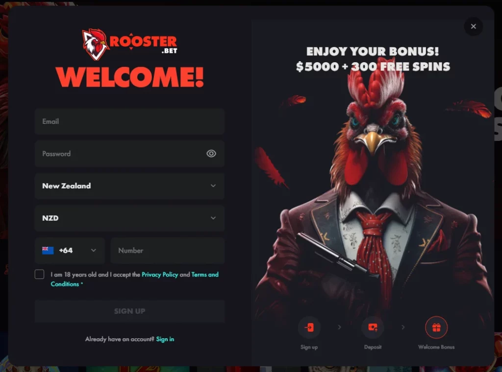 Rooster.bet Register Window