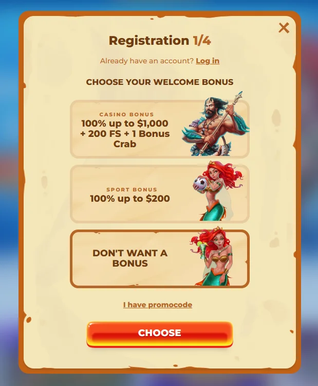 Posido Casino Register Window