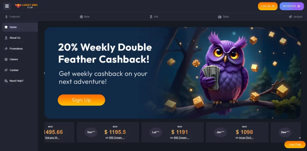 Lucky Owl Club Casino Main Page