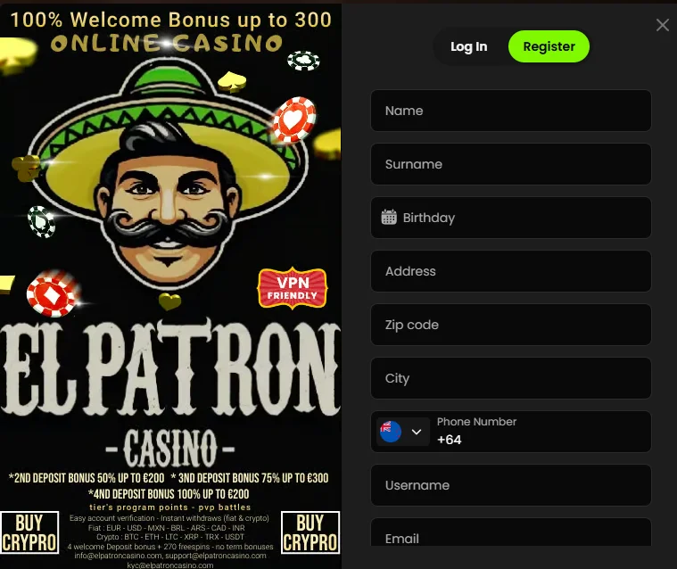 El Patron Casino Register Window